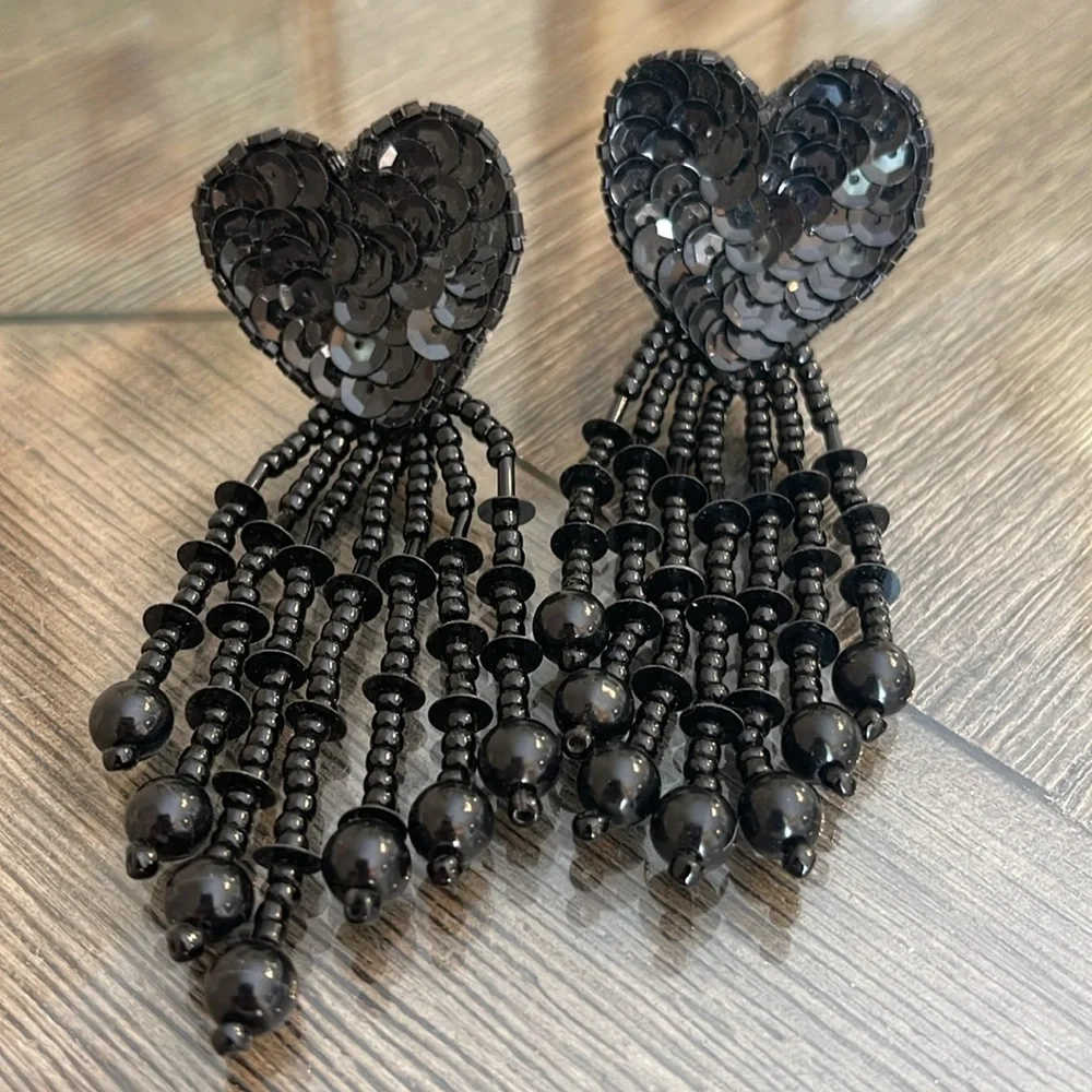 Vintage 80’s Black Sequin & Beaded Heart Clip Earrings